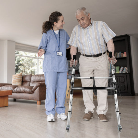 Foldable Standard Walker with 5 Inch Wheels and Padded Armrest