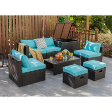 Load image into Gallery viewer, 8 Pieces Patio Space-Saving Rattan Furniture Set with Storage Box and Waterproof Cover-Turquoise
