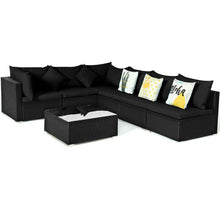 Load image into Gallery viewer, 7 Pieces Outdoor Sectional Wicker Patio Furniture Sofa Set with Tempered Glass Top and Softy Cushions-Black

