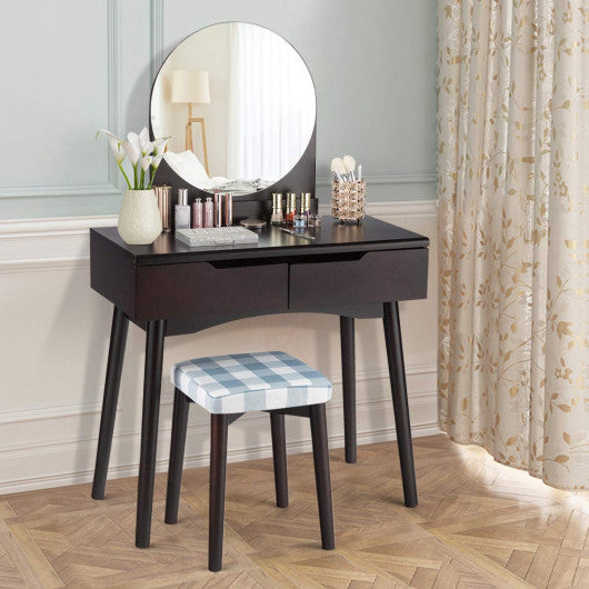 Round Mirror Vanity Set with Organized Sliding Drawers-Brown