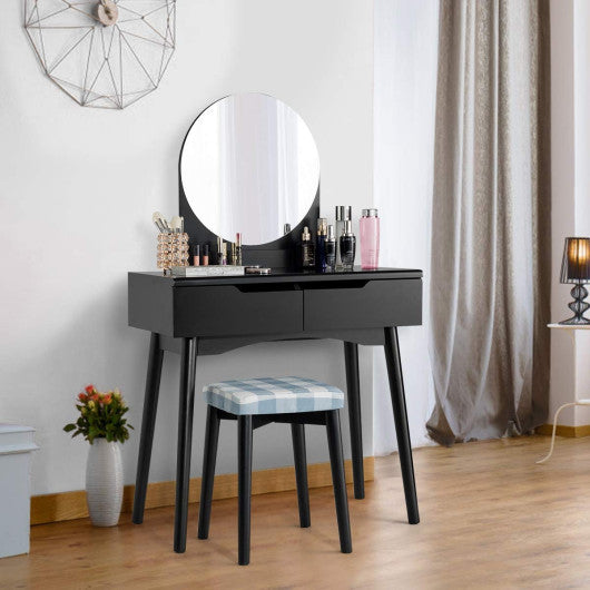 Round Mirror Vanity Set with Organized Sliding Drawers-Black